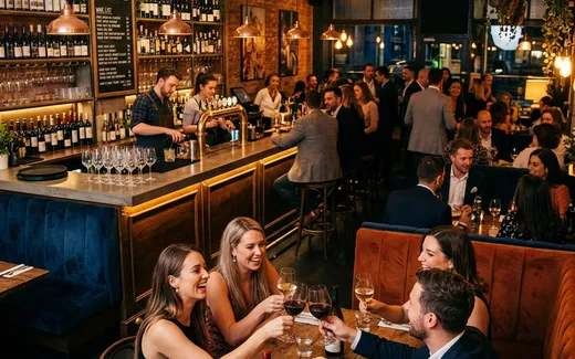 Tisch in einer Weinbar mit Glas und Flasche